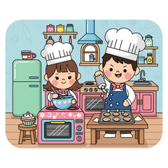 Cute kawaii cook preparing cookies in a kitchen, using a pink oven and fridge for baking with a friend