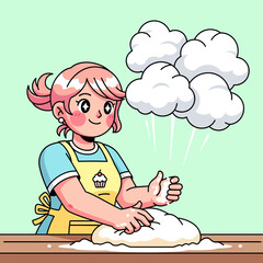 Cute Kawaii Cook in a Kitchen Making Dough with a Cheerful Vibe