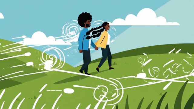 Joyful Couple Walking in Nature amid Artistic Wind Patterns Demonstrates Unity and Happiness