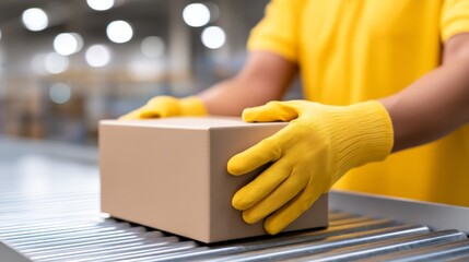 Close-Up of Workers with Gloved Hands Handling a Package in a Warehouse Environment, Focusing on Delivery and Logistics Operations