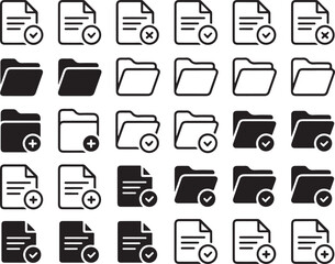 Documents and Folders Icons Collection Featuring File Management Symbols Such as New Add Edit Delete Check Verify Plus Sign on Transparent Background