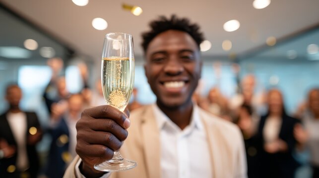 Happy diverse employee celebrating success with champagne toast at a workplace event, enjoying a moment of achievement and team camaraderie in a modern office setting - Powered by Adobe