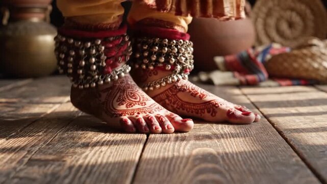Indian Classical Dancers Feet Adorned with Ghungroo and Henna.