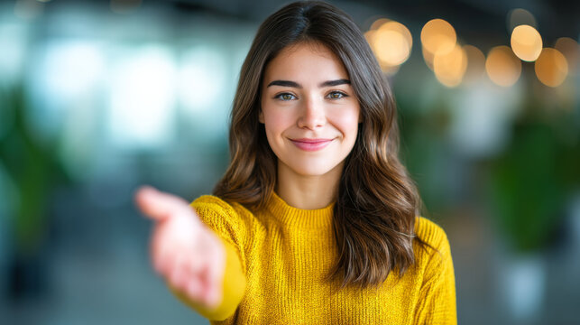Young woman in yellow sweater smiling and reaching out hand, showing dedication to service with warm holiday spirit, perfect for sales or customer support concepts - Powered by Adobe