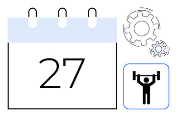 Fitness schedules, time management, productivity, goal setting, workout planning, sports routines. Image features a calendar, gears and weightlifter icon. Fitness schedules and workout planning