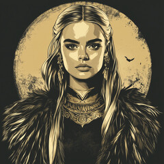 A powerful Viking-inspired warrior woman stands before a moonlit backdrop, adorned with fur and ornate armor, radiating strength, mystique, and legend