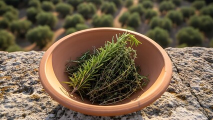 Freshly picked rosemary and thyme in rustic bowl, ready for cooking, evoking a Mediterranean lifestyle against an olive grove backdrop