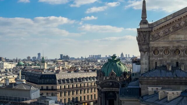 A panoramic view of the rooftops of historic central Paris from Galeries Lafayette. Paris, France, October 15, 2025. High quality 4k footage