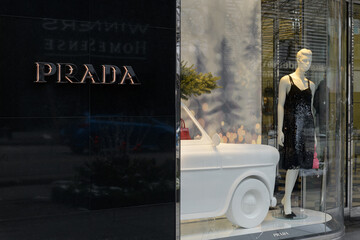 Fototapeta premium exterior of Prada, a clothing store, located at 131 Bloor St W, Unit 105, floor 1, The Colonnade on Bloor, Toronto