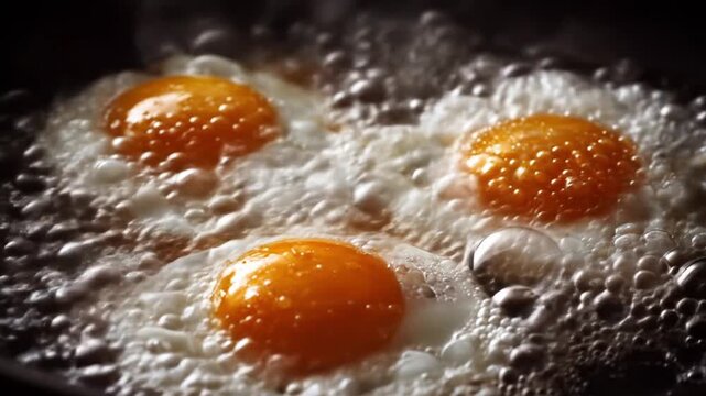 Golden yolks scorching in sizzling oil, three eggs fry softly amid bubbles and heat! crackle around!