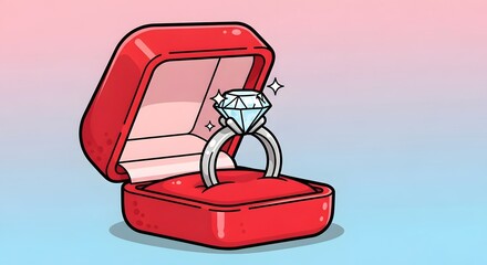 Cartoon engagement ring in an open red velvet gift box, soft pastel background (pink or light blue), simple clean outlines, kawaii style with glossy highlights