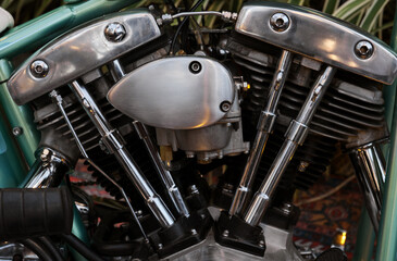vintage motorcycle engine detail, closeup