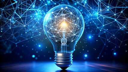 Light bulb with glowing filament surrounded by a network of interconnected nodes concept for innovation and technological advancement