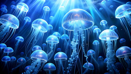 Luminous jellyfish swarm glowing in the deep ocean creating a mesmerizing underwater scene