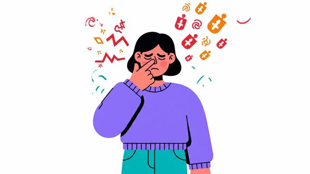 Woman Experiencing Allergy Symptoms with Animated Icons and Unpleasant Expressions