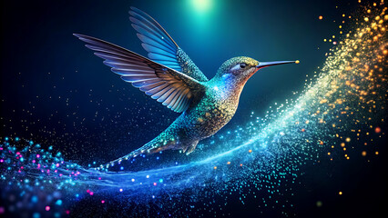 Hummingbird in flight with glowing trail vibrant colors and sparkling light a magical illustration for fantasy and nature themes