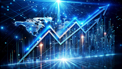 Growing financial graph with world map background blue digital illustration of stock market data business and investment concept