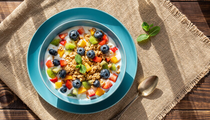 Vibrant breakfast bowl overflowing with fresh blueberries, kiwi, strawberries and granola on rustic wooden table with natural lighting