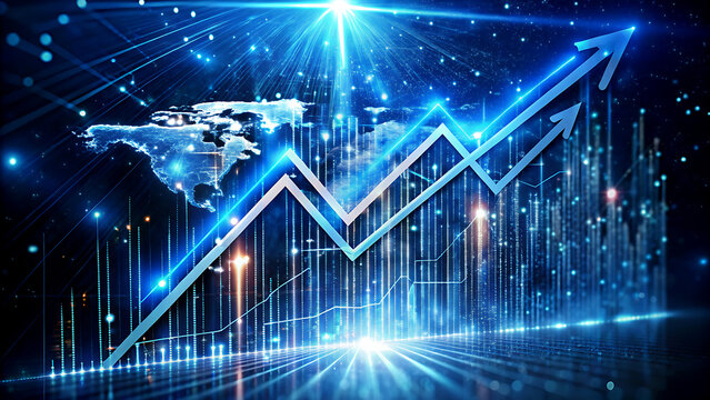 Growing financial graph with world map background blue digital illustration of stock market data business and investment concept - Powered by Adobe
