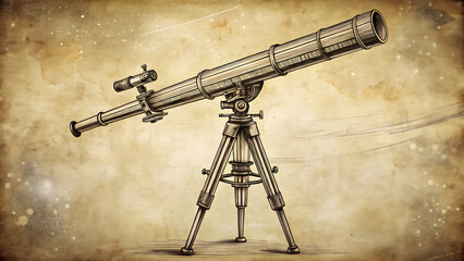 Vintage telescope illustration detailed sketch on aged paper for astronomy and exploration concepts