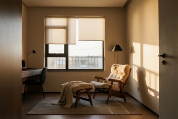 Fototapeta premium Sunlit modern living room with wooden chair, desk, and large window