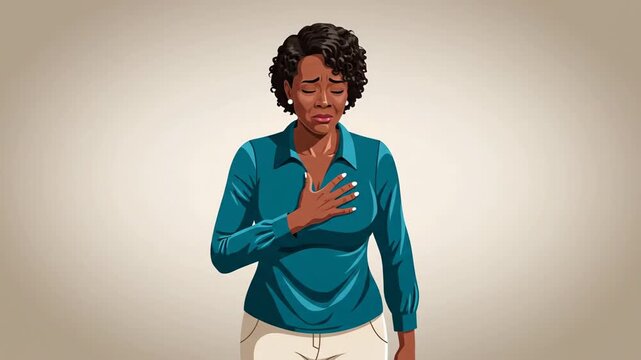 Woman Experiencing Chest Pain, Illustration of Heart Health and Emotional Distress.
