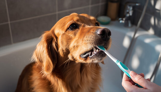 Golden retriever receiving dental care with blue toothbrush in modern bathroom setting