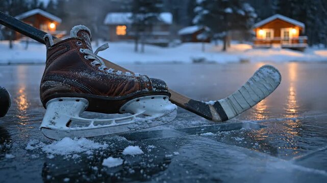 Vintage ice hockey skates and stick on frozen pond with cabins in background