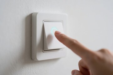 A finger pressing a modern light switch with a glowing indicator on a white wall
