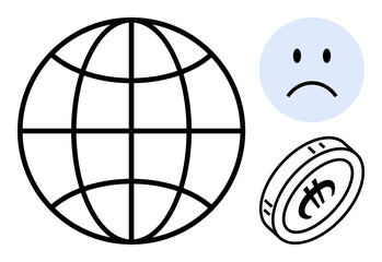 Global economy. A globe, sad emotion face, and cryptocurrency coin global economic issues. Global economy challenges, digital money, market trends, and financial struggles. For finance technology