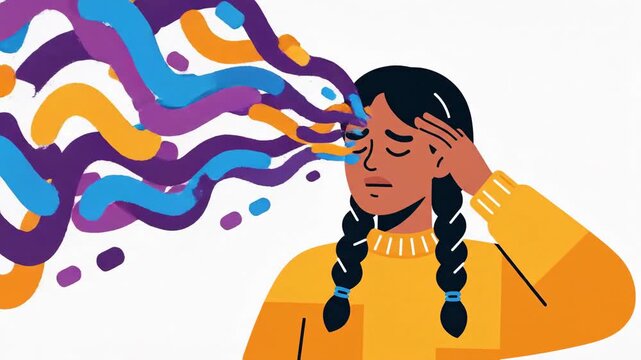 Woman Experiencing Emotional Distress With Abstract Colorful Visualizations of Thoughts