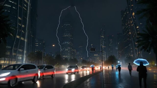 A captivating city scene capturing a powerful lightning storm illuminating towering skyscrapers and bustling streets filled with pedestrians and cars during a rainy night.
