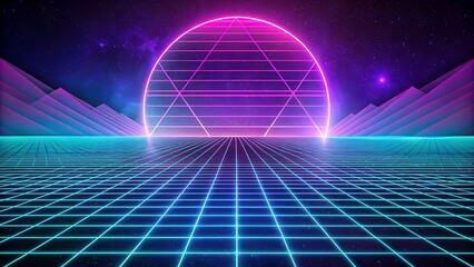 Retro Futuristic Synthwave Landscape With Neon Grid and 80s Cyberpunk Style in Pink Blue Night Scene