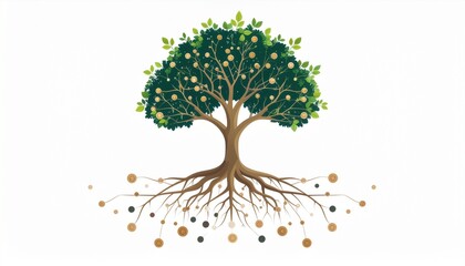 Naklejka premium A stylized tree with golden fruit and intricate roots connected by a network of glowing orbs, symbolizing growth and connection.