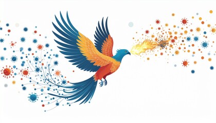 Obraz premium A vibrant, stylized bird with blue and orange plumage flying, exhaling fiery particles that transform into red virus-like shapes, while its tail dissolves into blue particles.