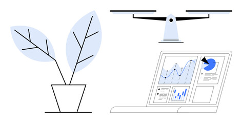 Smart farming, data visualization, precision agriculture, sustainability, technology integration, environmental monitoring. A quadcopter, plant in a pot and analytics dashboard. Smart farming