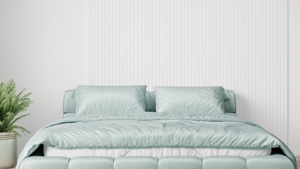 Cloud dancer color of the year 2026 white tone bedroom with turquoise accent. Light wall canvas art. Mockup large background interior design rich home or hotel room. Accent color trend. 3d render