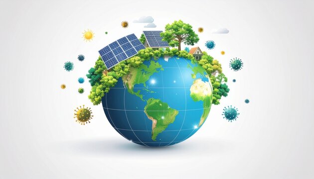A vibrant illustration of Earth with green landscapes, solar panels, and trees, symbolizing global sustainability and environmental health. - Powered by Adobe