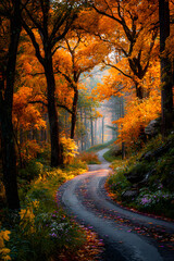 Fototapeta premium Autumn forest road at warm sunny fall morning