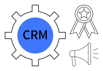 Customer management, digital marketing, business tools, communication, outreach strategies, and client engagement. Blue CRM gear with a ribbon and megaphone. Customer management and digital marketing