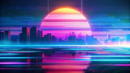 Retrofuturistic Synthwave Cityscape at Sunset With Neon Glow Over Modern Metropolis