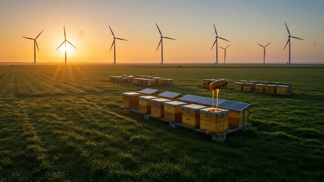 A captivating sunrise illuminates a solar farm and wind turbines in a lush green field, highlighting renewable energy sources and eco-friendly technology.