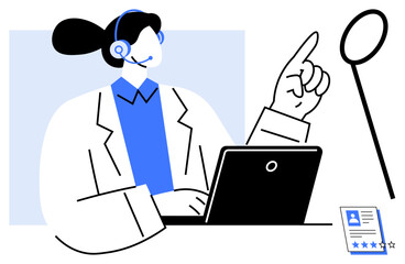 Professional wearing a headset assists via laptop, pointing upward for emphasis, with rating card beside. Ideal for customer service, technical support, communication, consulting, training, online