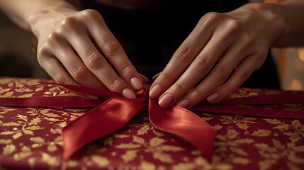 Close-up of hands tying a red ribbon bow on a festive patterned gift box, preparing a present.