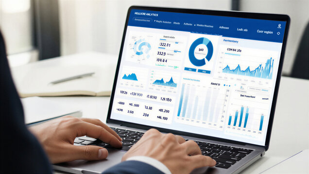 A professional person's hands typing on a laptop, displaying various business dashboards and financial trading screens with multiple charts, graphs, and data visualisations.