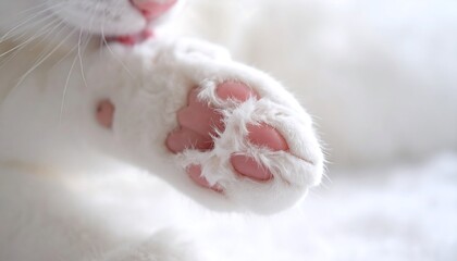 Close-up view reveals a fluffy white paw with soft pink pads. The cat's tongue slightly touches the paw
