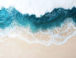 White background with soft blue ocean waves flowing at the bottom.