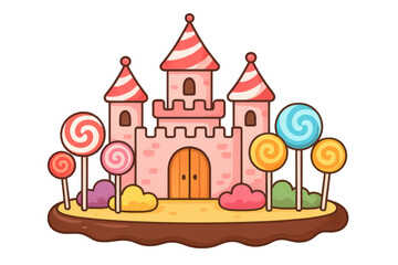 Obraz premium Candy castle with lollipop trees and sweet dessert landscape, creating a magical fairytale kingdom on transparent background