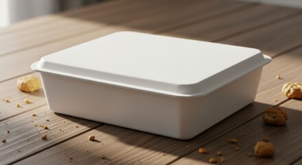A white plastic food container sits on a wooden table with crumbs scattered around it.