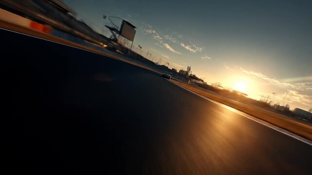 Dynamic low angle view of an empty asphalt race track at golden hour, capturing speed, motion, and dramatic light.